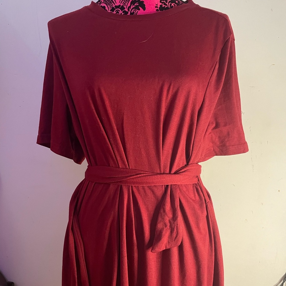 SHEIN Solid Self-Tie Tunic Dress: Dark Red